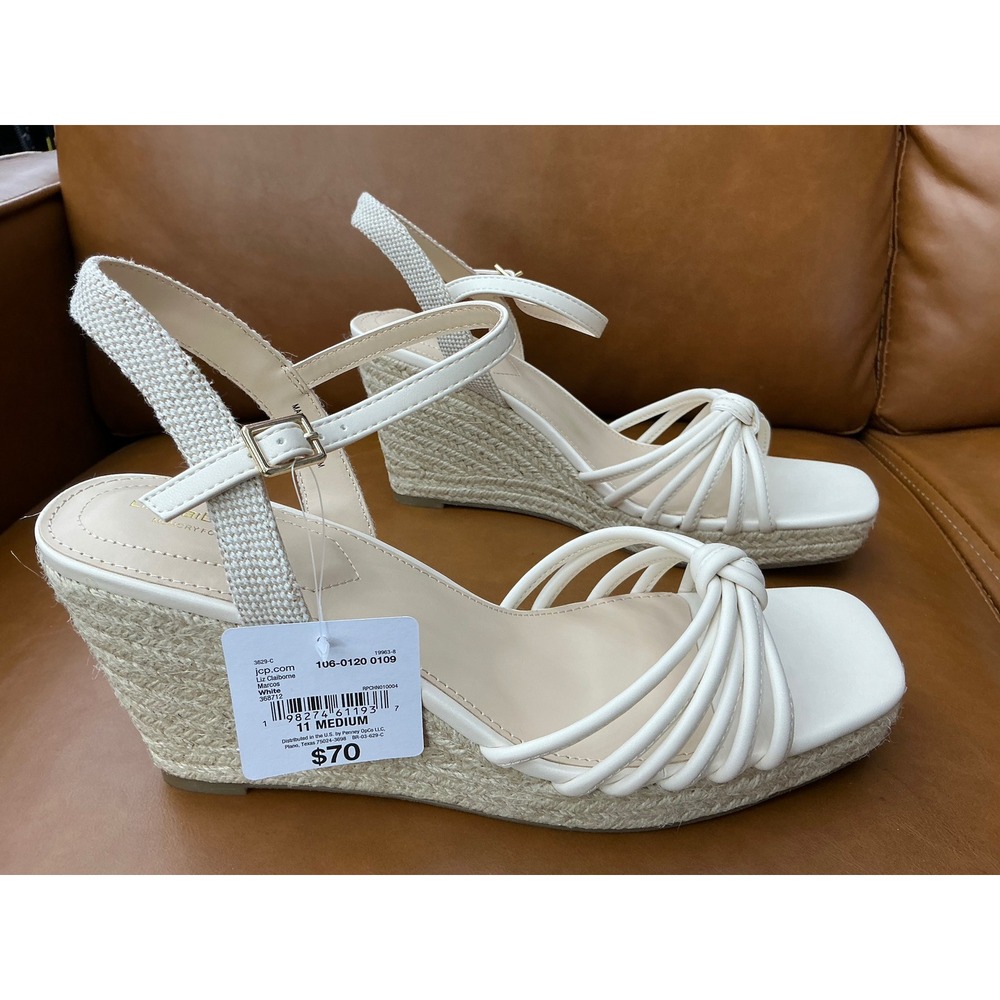 Liz Claiborne Marcos Wedge Sandals Womens 11 White New Espadrille Strappy